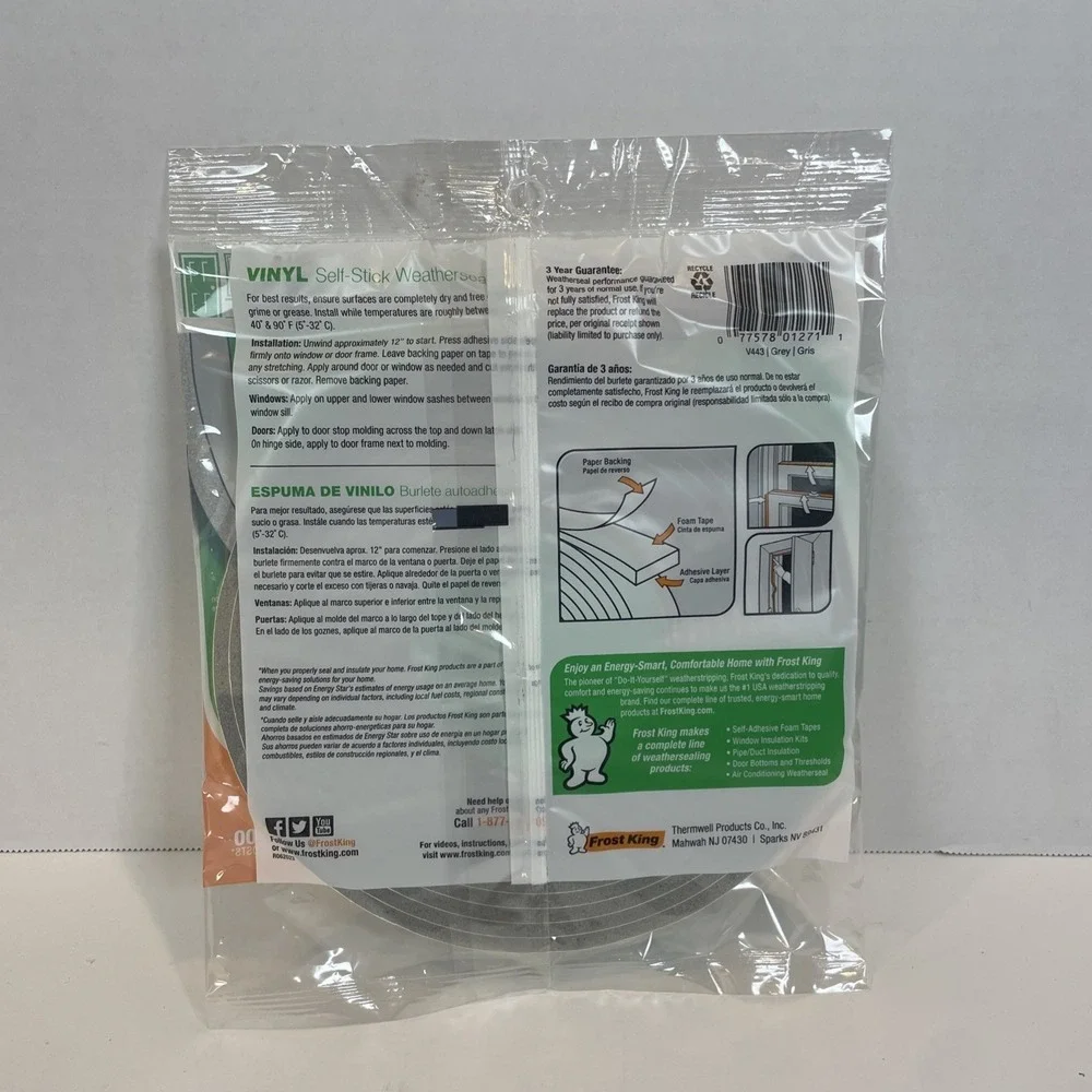 Frost King‎ Weatherseal 17ft Grey Vinyl Foam Self-Stick V443 3/8in x 3/16in